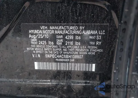 2011 Hyundai Sonata Se из США, поврежденный, VIN 5NPEC4AC6BH138807